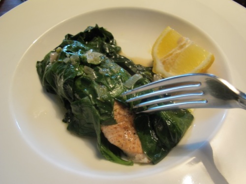 Salmon tucked under a spinach blanket with shallot | Robin Ellis